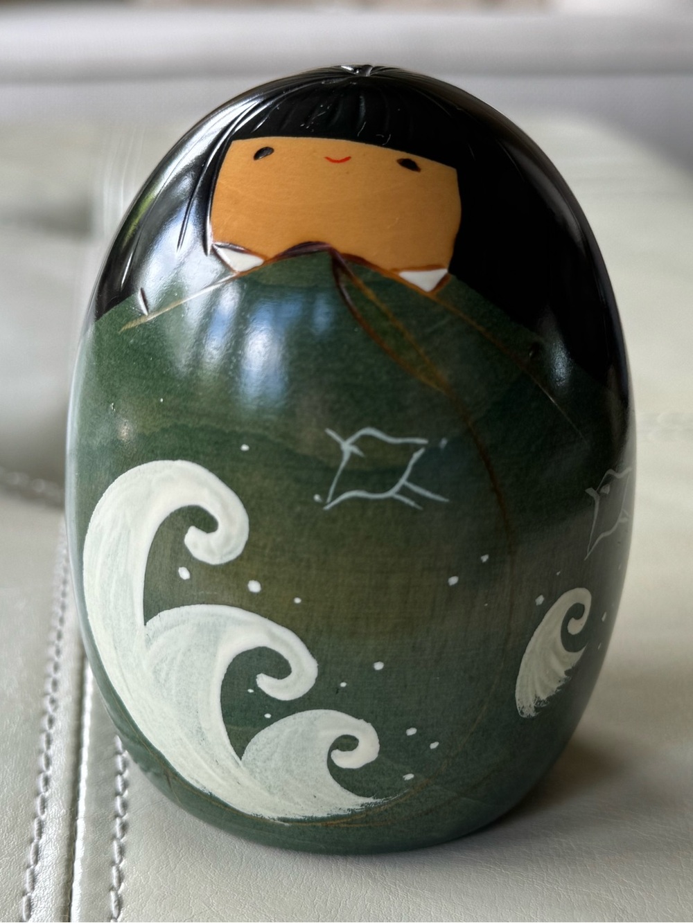 Hand-Painted Summer Green Wave Kokeshi Doll Japan